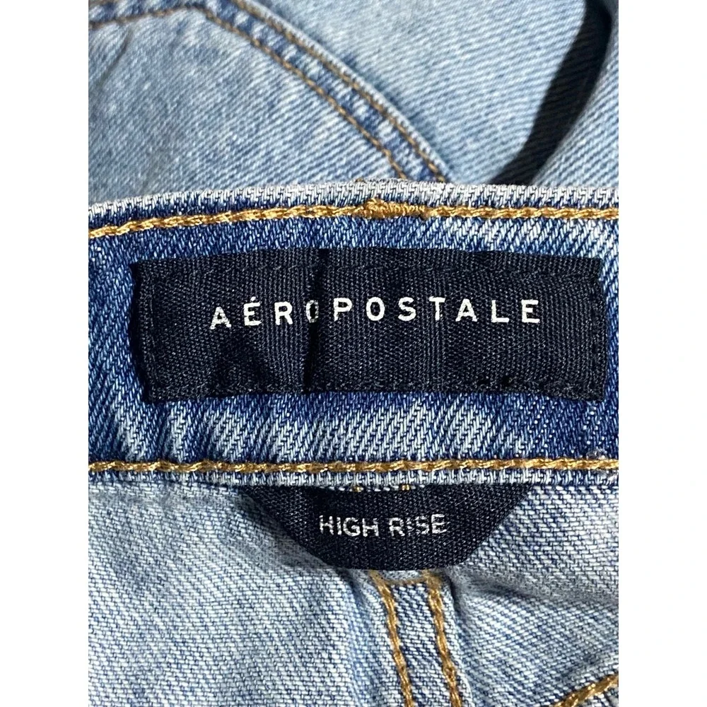 Aeropostale High Rise Denim Mini Skirt Size 0 Light Wash Raw Hem Button Fly Boho